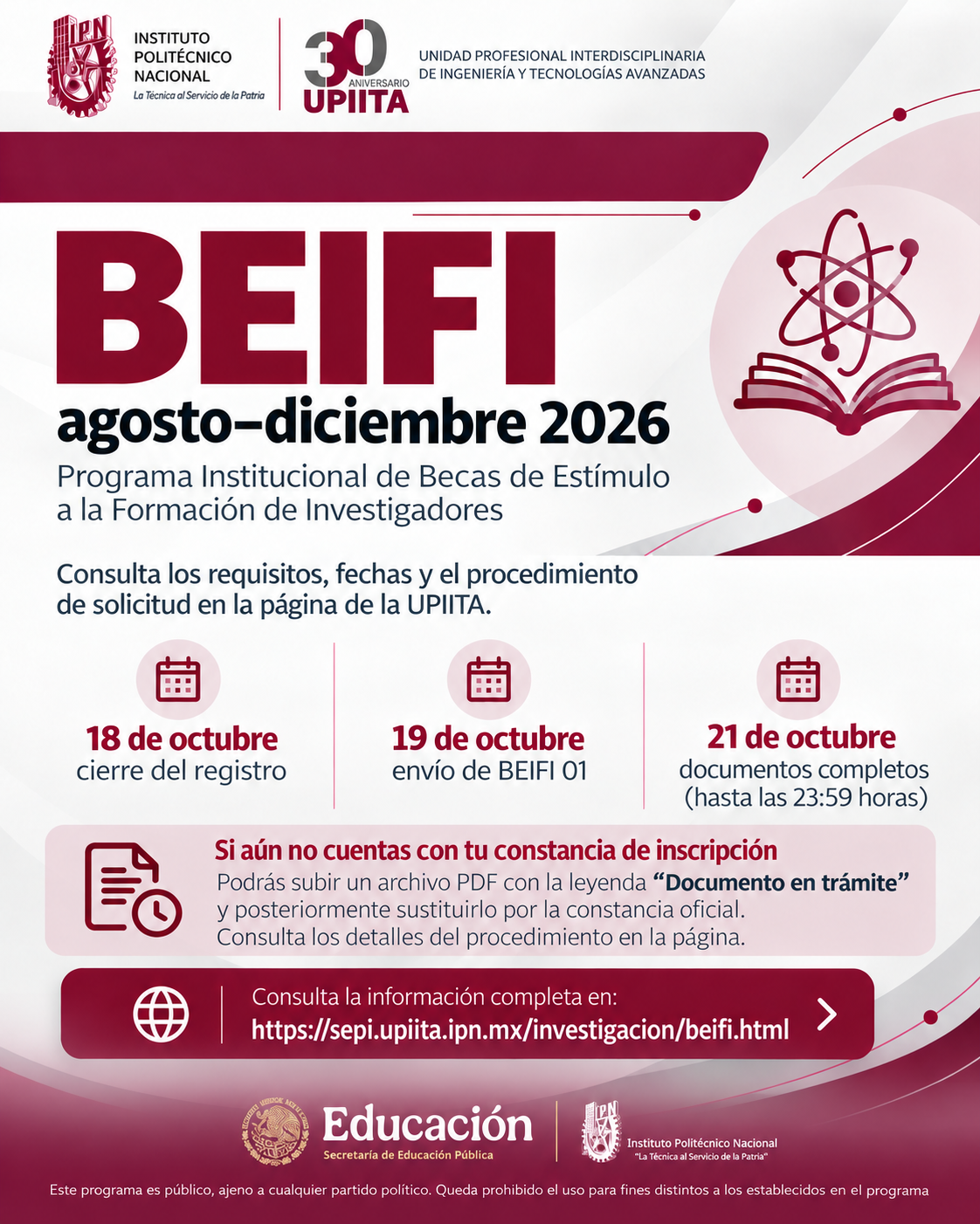 Convocatoria BEIFI agosto–diciembre 2026. Consulta requisitos, fechas y procedimiento de solicitud para estudiantes de la UPIITA.